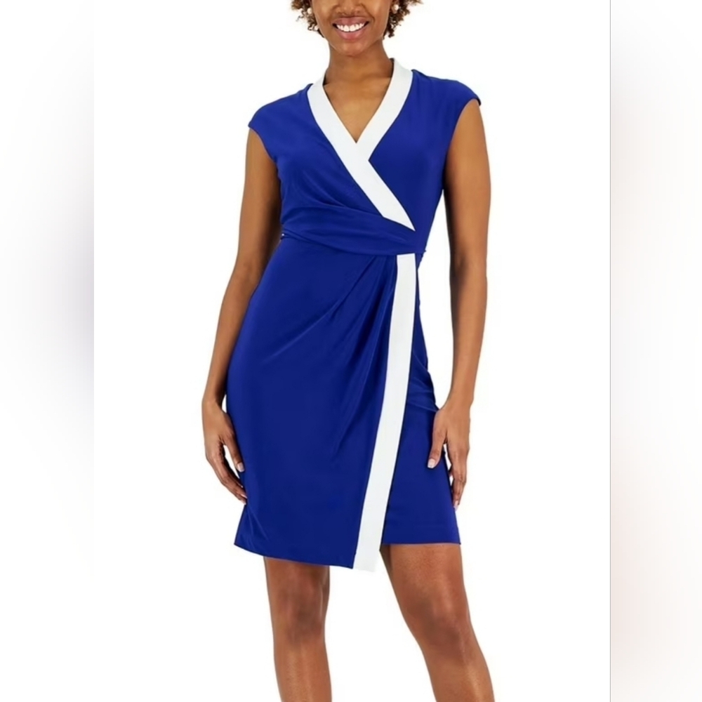 Kasper Dress Colorblock Short Faux-Wrap Sleeveless Casual Size 1X